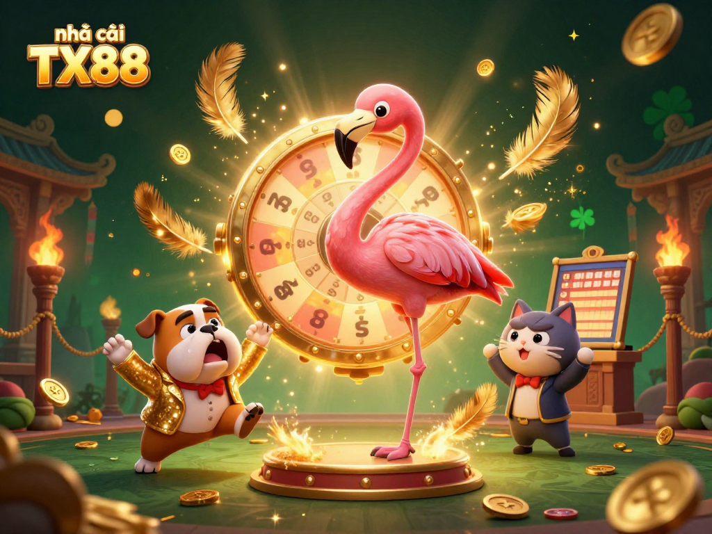 Engage with nhà cái TX88 for dynamic gambling excitement featuring a host, contestant, and prize wheel.