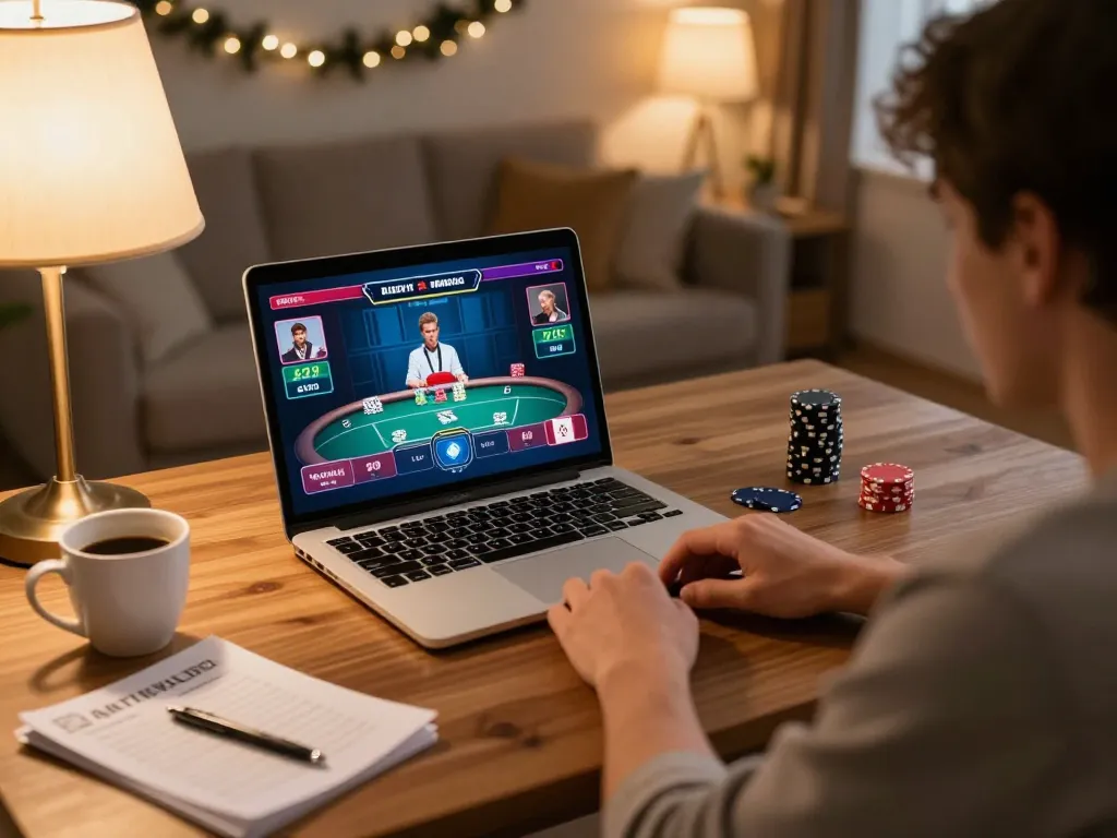 SIN88 poker night at home, person playing online with a live dealer on laptop, cozy environment and strategy notes visible.