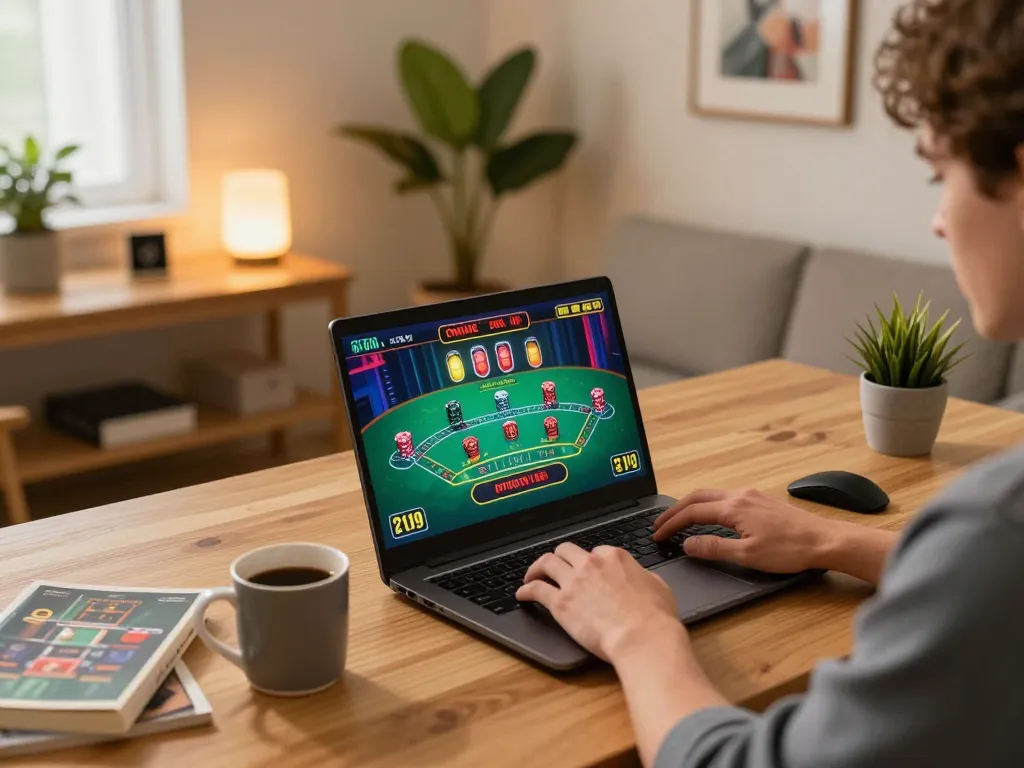 Engaging in Tubidy online gaming with a focus on interactive blackjack gameplay in a cozy home setting.