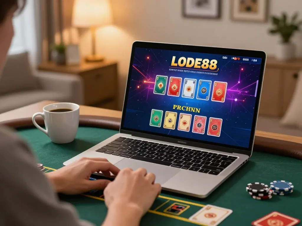 Engaged player exploring LODE88 live dealer game on a stylish laptop, showcasing responsible online gaming environment.