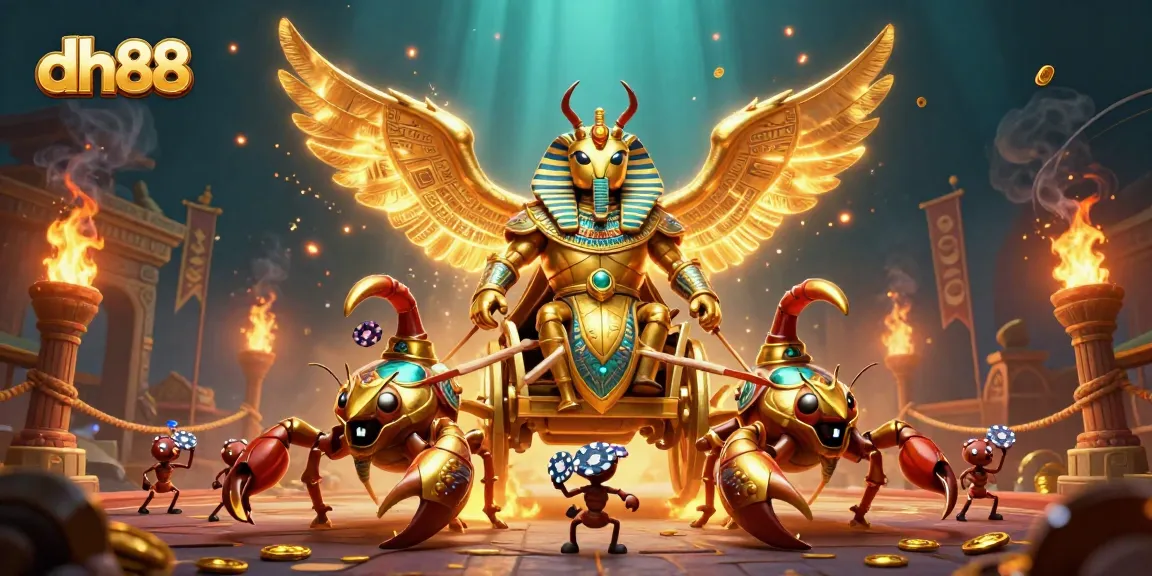 Experience thrilling gameplay at dh88 featuring a colossal golden scarab beetle in a dynamic casino scene.