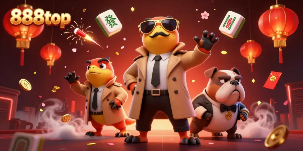 Three raptors in a trench coat attempt to enter a VIP area at 888top casino, animated style filled with festive decorations.