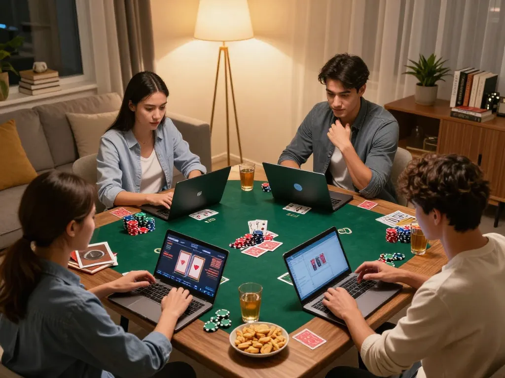 Friends enjoying an online poker game at home using BCX88 for strategic gameplay and fun.
