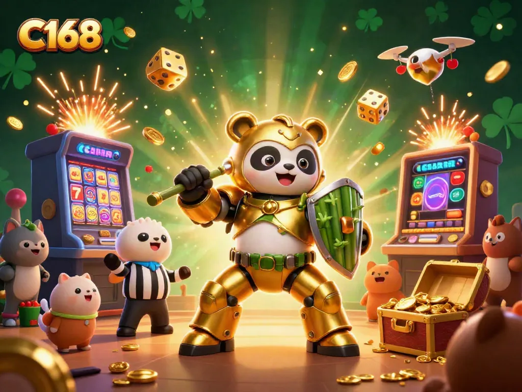 C168 showcases thrilling casino excitement with golden panda in a mech-suit surrounded by vibrant slot machine action.