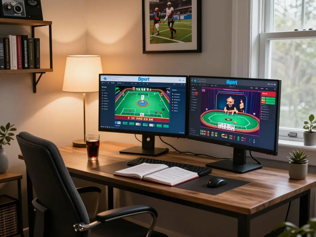Engaged gambler using Bsport's online poker interface on dual monitors in a cozy home setup.