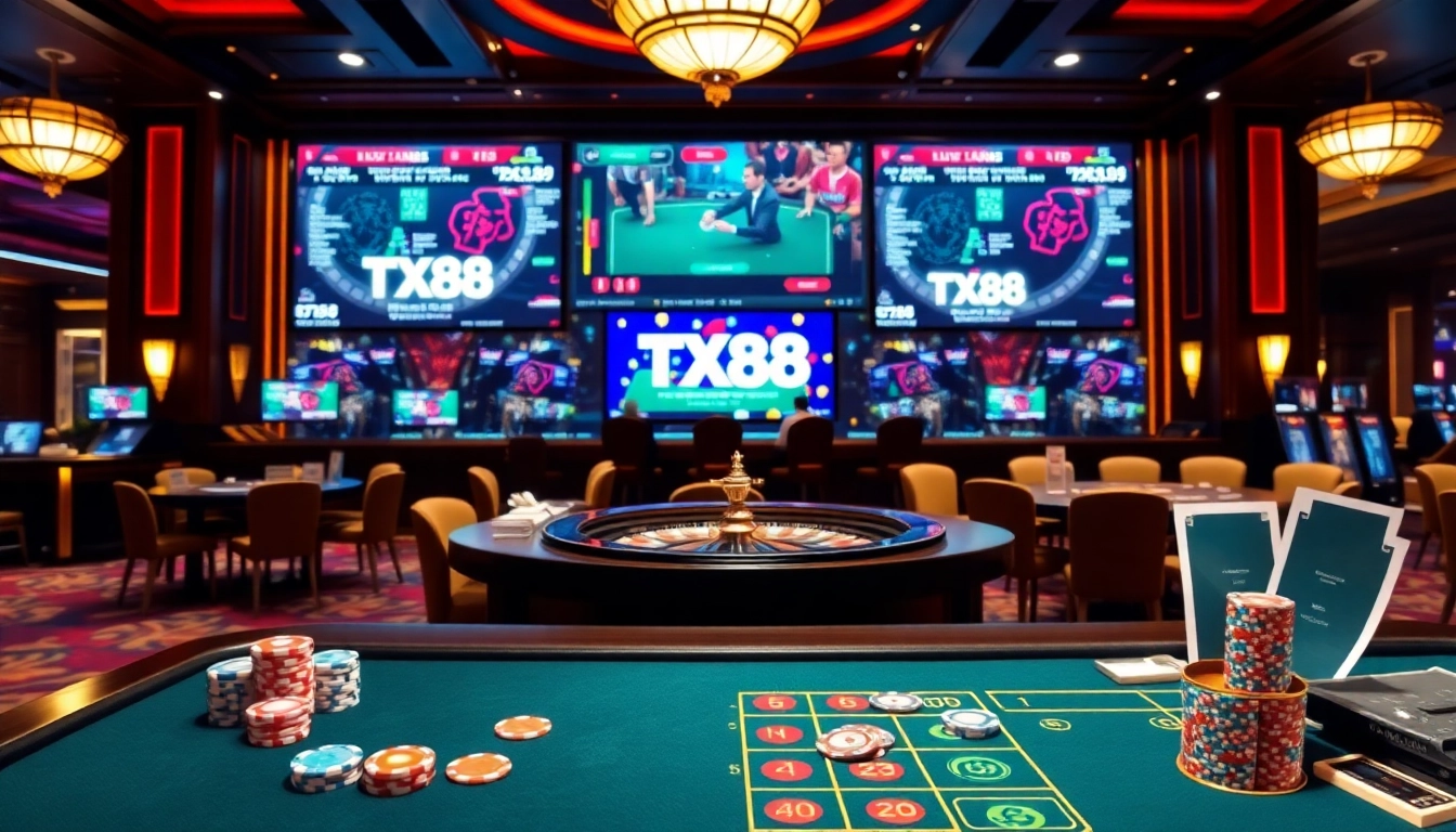Experience luxury gaming at tx88 with poker chips and dynamic casino tables.