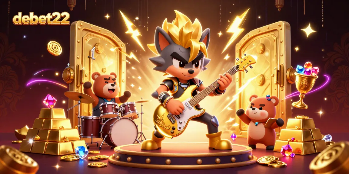 Join the excitement with debet22 at this vibrant casino scene featuring rock star wolf and drummer bear.