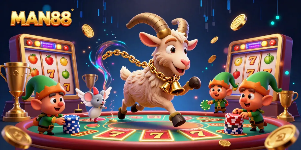 Engage in thrilling gameplay at MAN88 with dynamic casino scenes showcasing festive characters and exciting games.