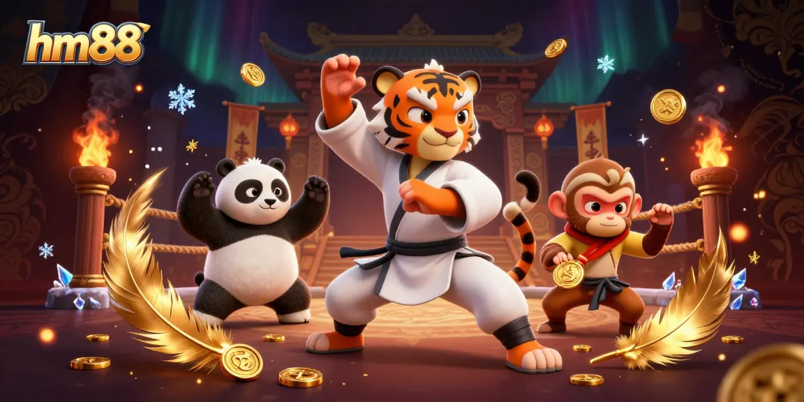 hm88 casino featuring a kung fu tiger master surrounded by vibrant gaming elements and gold.