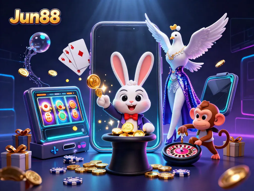 Experience thrilling gameplay with Jun88 in this vibrant 3D casino scene featuring a magician rabbit and poker chips.
