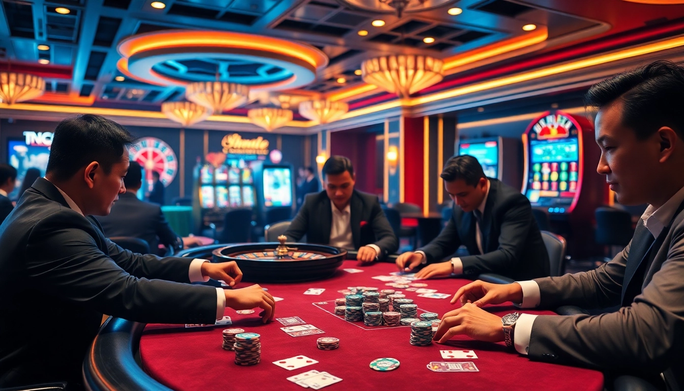SC88 casino scene featuring players immersed in thrilling card games and classic roulette action.