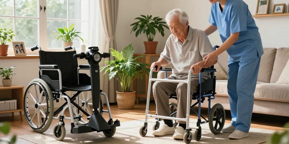 Buy nobility aids in a warm home scene featuring elderly individuals using mobility devices with assistance.
