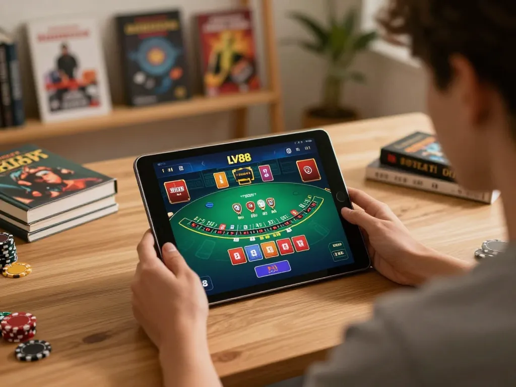 Player enjoying a live dealer game on the LV88 casino app, showcasing modern online gambling.