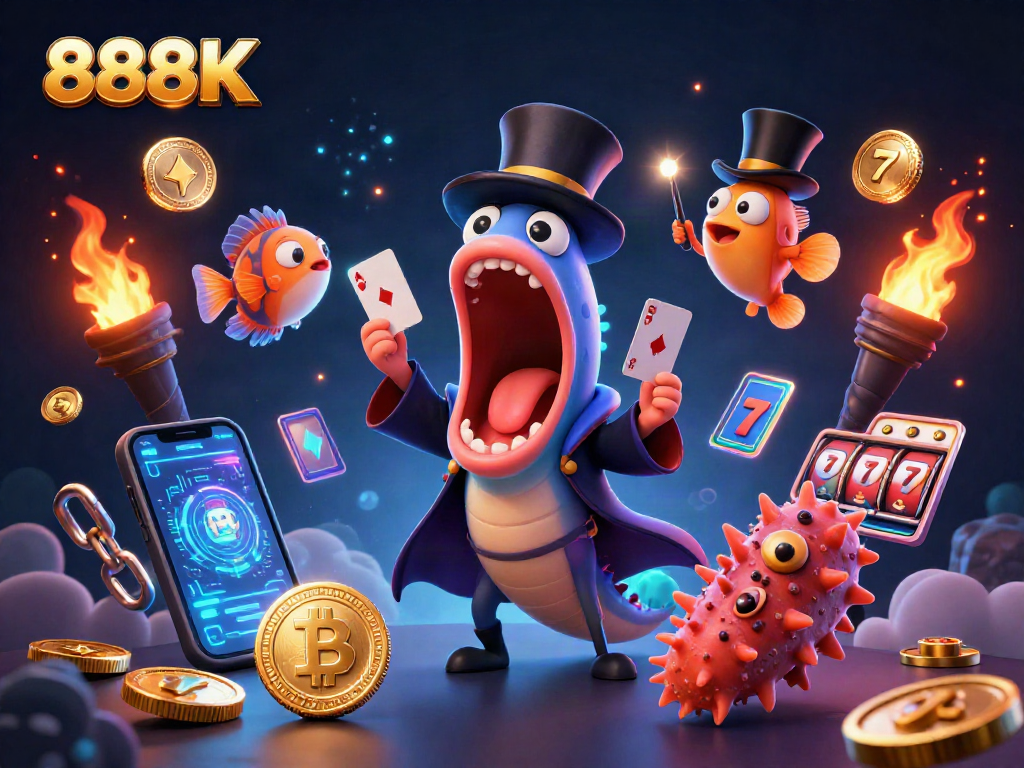 Engage with thrilling 888K casino magic as a bioluminescent eel performs card tricks amidst slot reels and glowing coins.