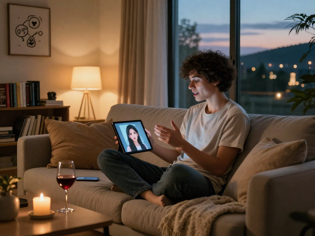 Engaging in an intimate ai sex chat in a cozy living room with warm lighting.