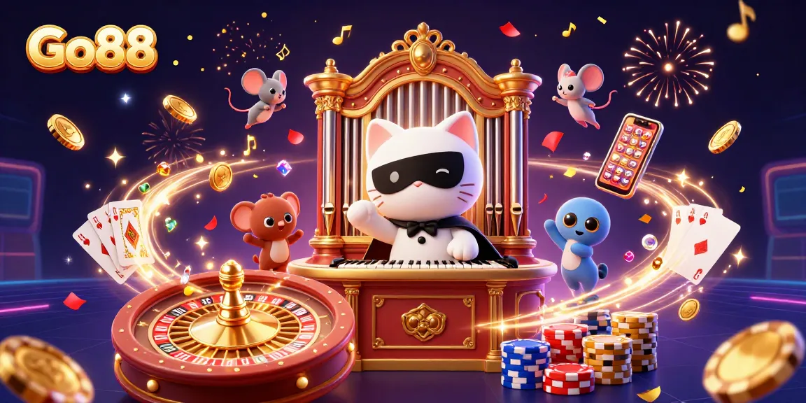 Experience thrilling gaming moments with Go88 in a vibrant, detailed casino illustration featuring playful characters and game elements.