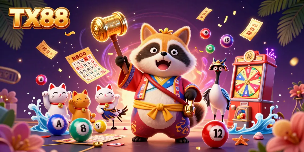 Experience the excitement of TX88 with a vibrant 3D illustration highlighting lucky symbols and festive elements.