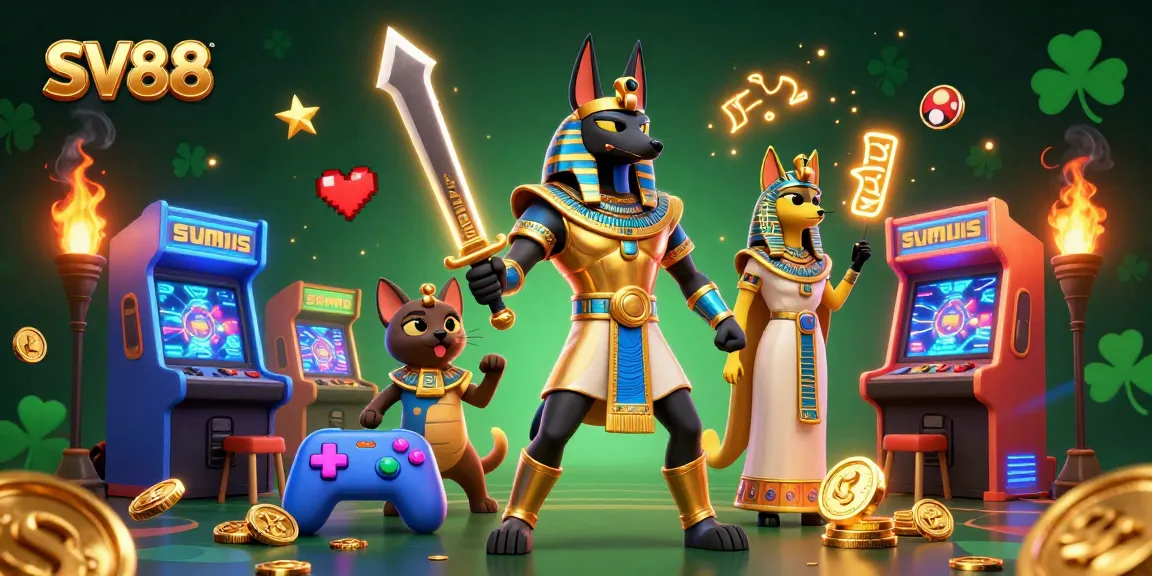 SV88 casino illustration shows an Egyptian warrior and priestess surrounded by colorful game elements, fully engaged in a vibrant gaming atmosphere.