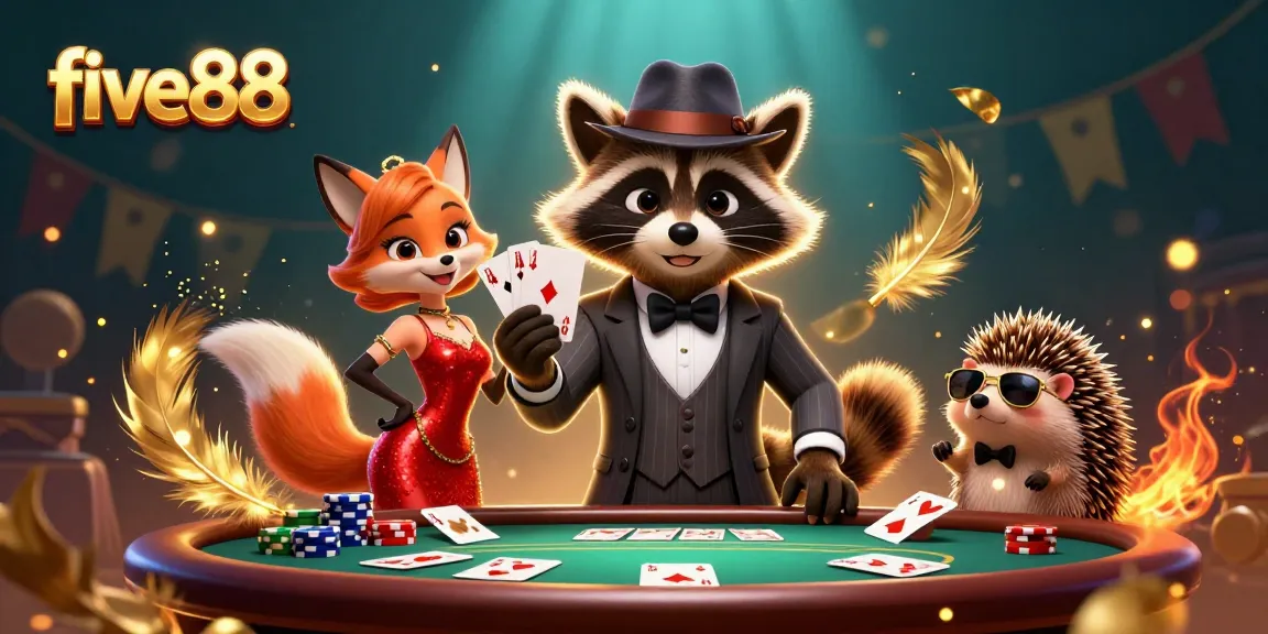 five88 features a raccoon in a pinstripe suit, poker hand, and vibrant casino elements in a lively scene.