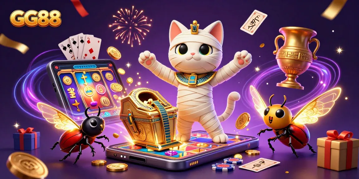GG88 showcases an exciting 3D casino scene with a mummy cat and glowing elements.