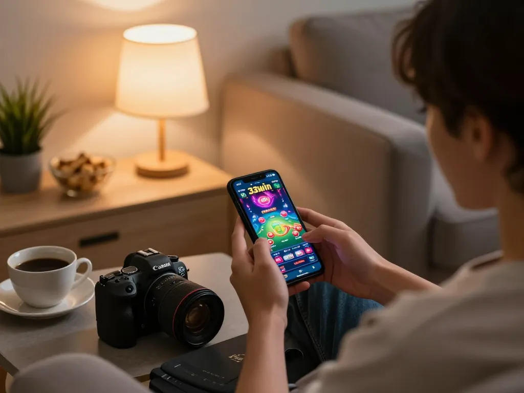 Engaged player using the 33win app on smartphone for online gambling