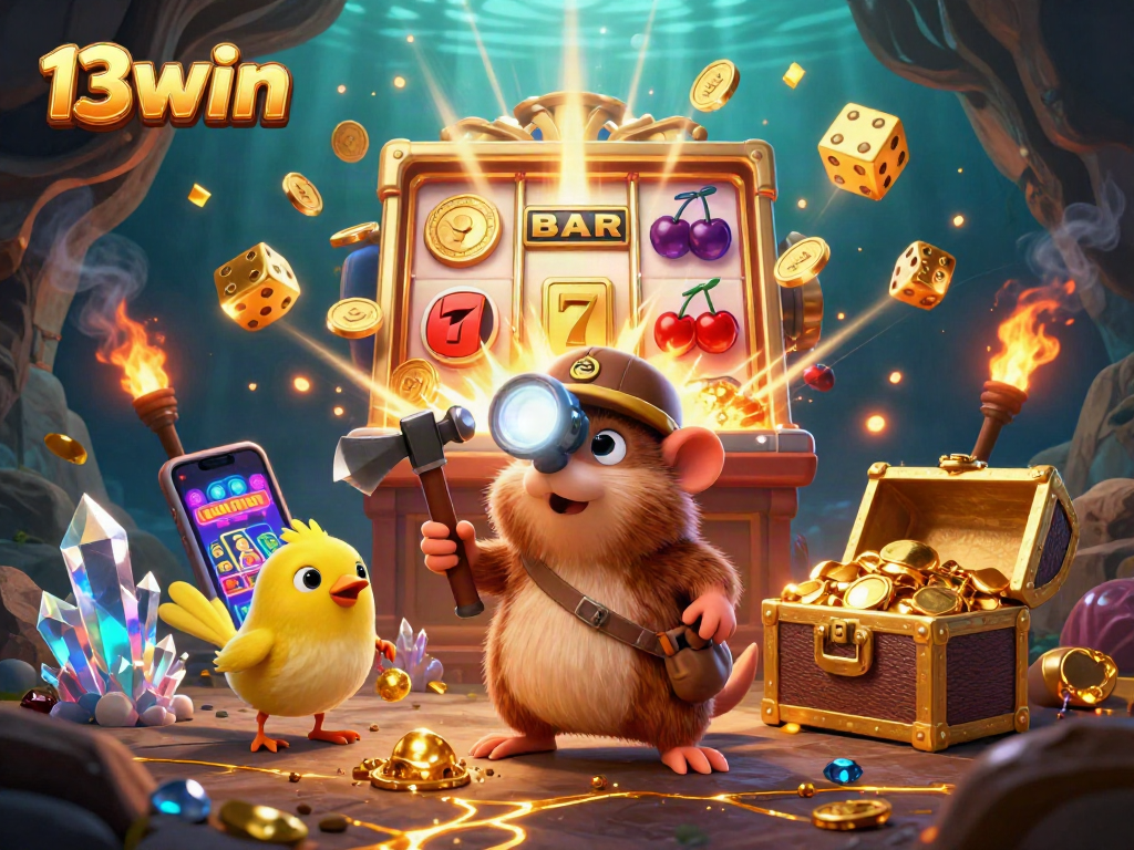 Experience thrilling gameplay at 13win with a treasure hunter mole, a winning jackpot explosion, and vibrant casino elements.