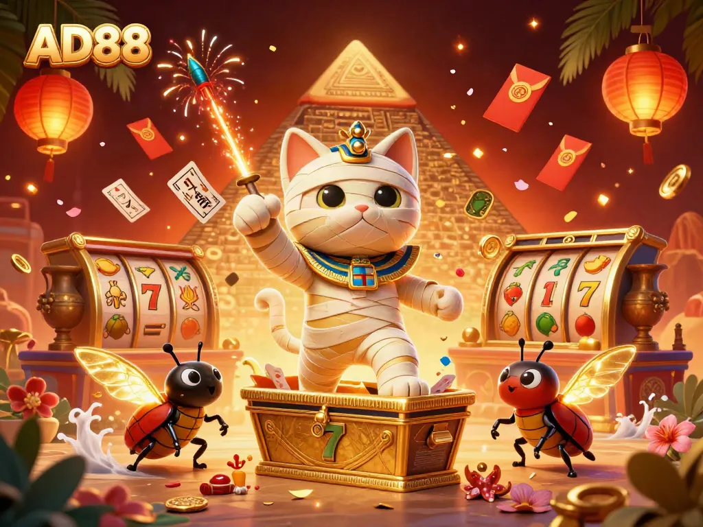 Engage with AD88's thrilling gaming experience featuring an Egyptian mummy cat and golden elements.
