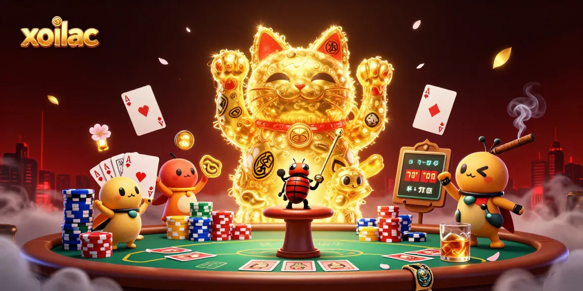 xoilac features an animated lucky cat surrounded by vibrant poker chips and gaming elements.
