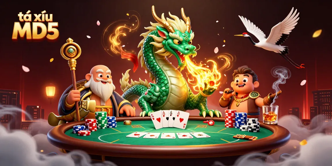The dynamic illustration showcases tài xỉu MD5 with a jade dragon, turtle sage, and lucky cranes amidst vibrant casino gaming elements.