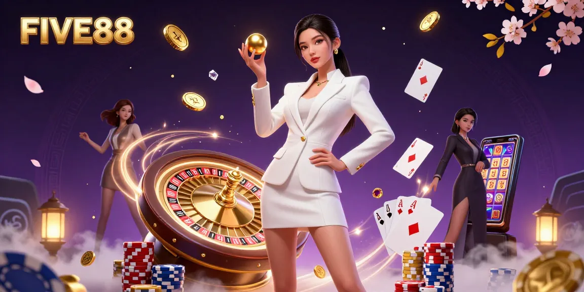 Experience the vibrant world of FIVE88 with dynamic casino elements and captivating characters.