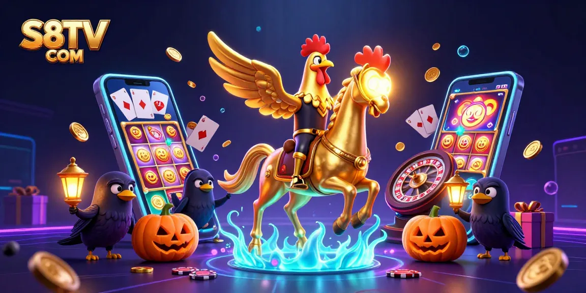 S8TV COM features vibrant cartoon characters in a magical casino, illustrating dynamic betting excitement.