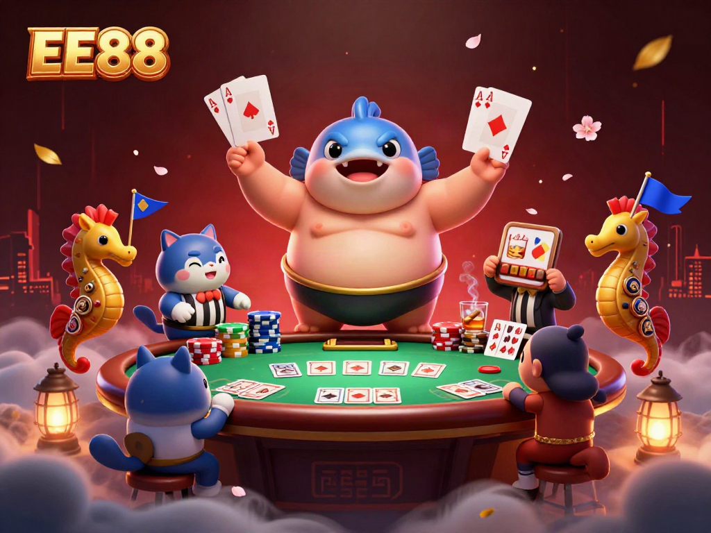 EE88 showcases an epic underwater poker scene with a fugu in a mawashi belt surrounded by vibrant elements.