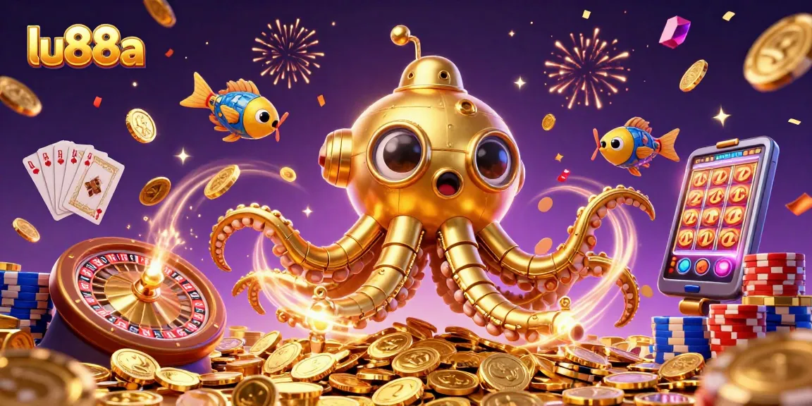 Experience the thrill of casino gaming with lu88a's vibrant golden kraken submarine amidst cascading jackpots.