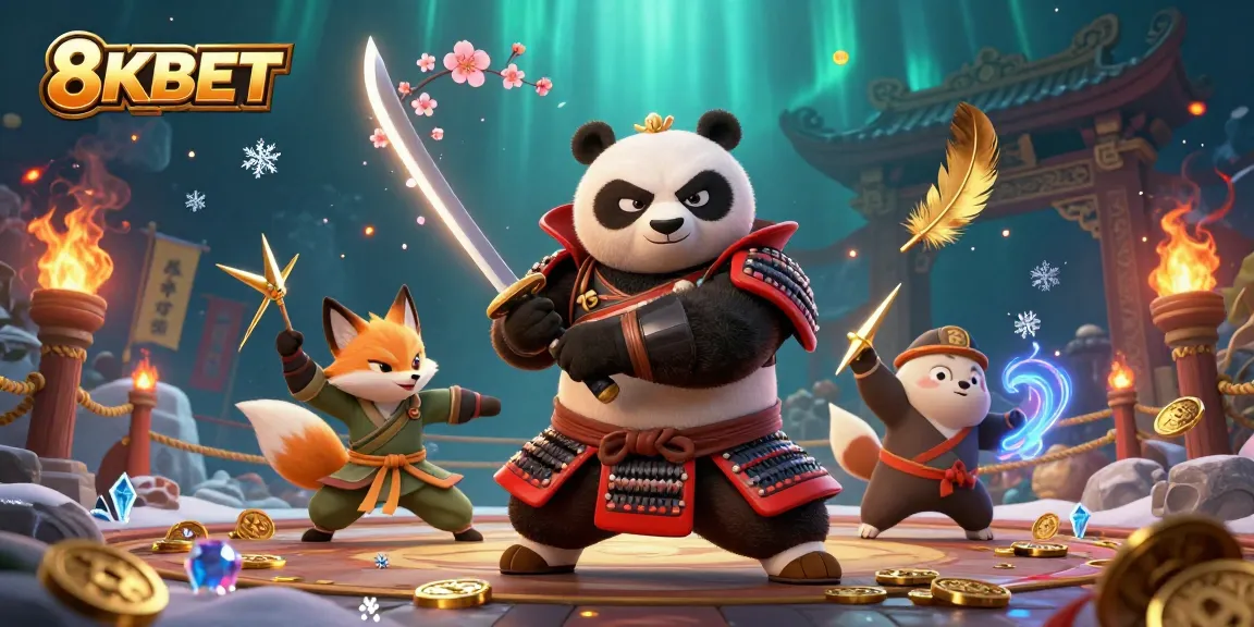 Engage in the thrilling world of 8KBET with vibrant samurai and ninja characters amidst a rich casino backdrop.