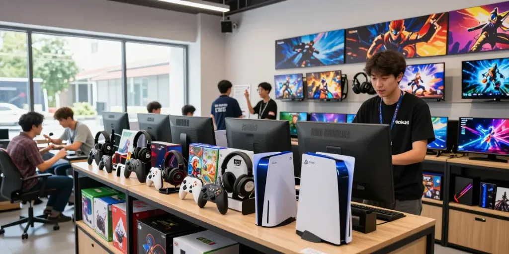 Customer exploring rokok88 gaming store with vibrant consoles and accessories.