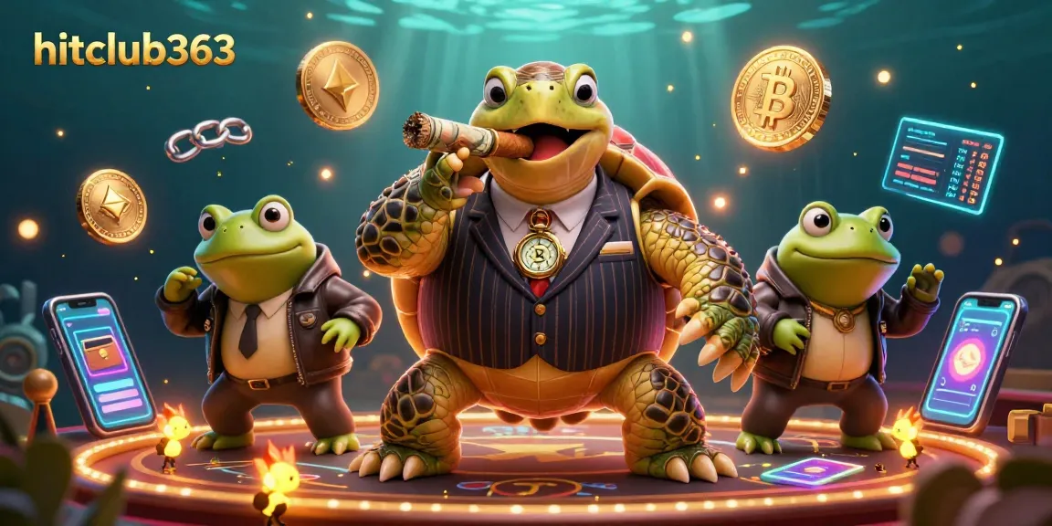 Engage with hitclub363's dynamic 3D casino scene featuring a snapping turtle and bullfrog enforcers amidst glowing crypto coins.