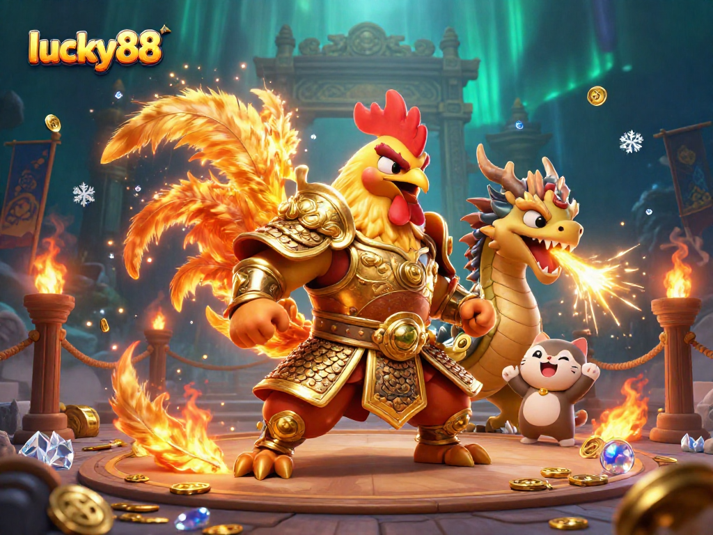 Experience thrilling gameplay at lucky88 with a warrior rooster and a dragon in vibrant casino scene.