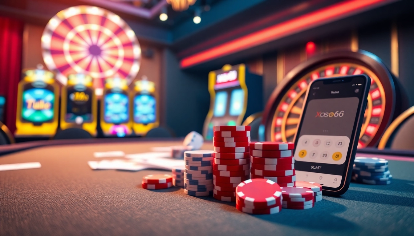 Xoso66 players enjoying a vibrant and luxurious online casino experience with poker chips and roulette wheel.