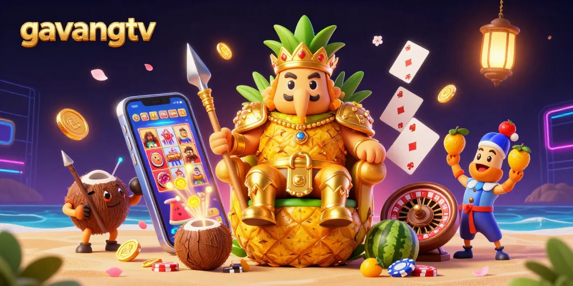 Engage with the vibrant world of gavangtv as a golden pineapple king rules a lively casino beach filled with dynamic gaming elements.