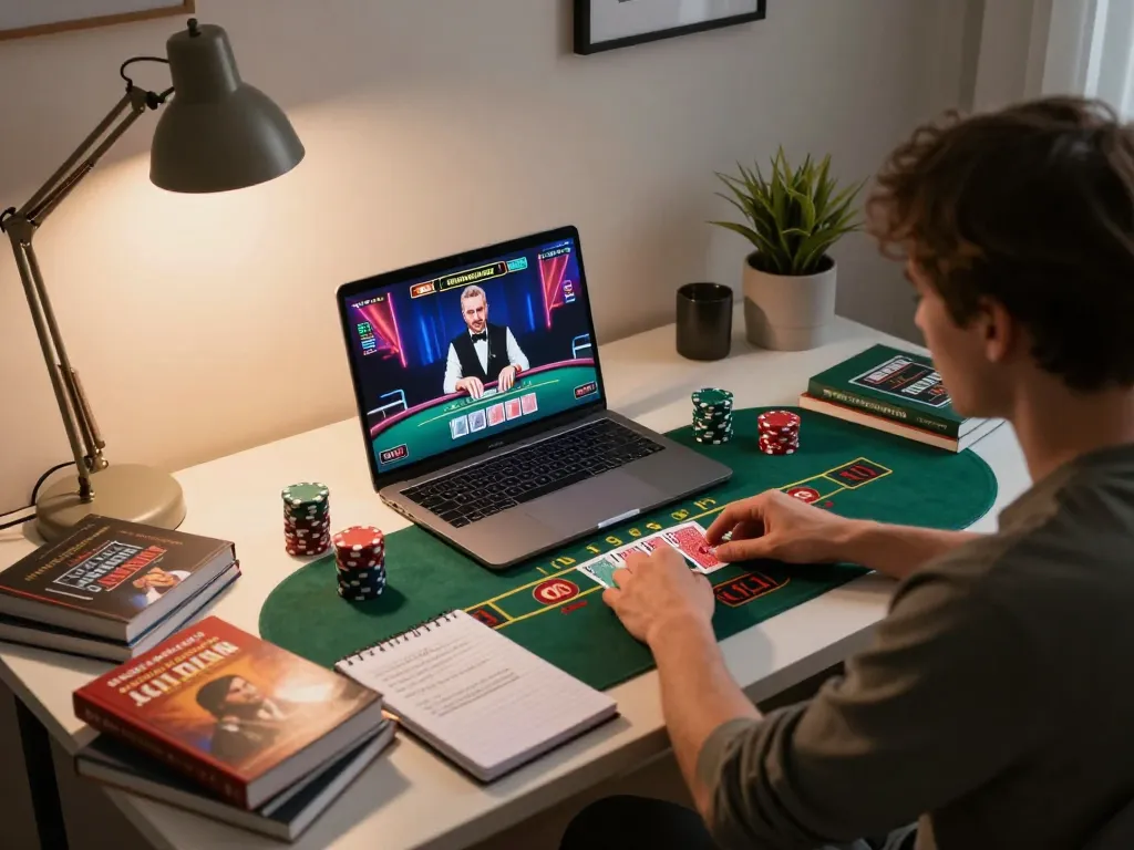 Engaged user playing live dealer blackjack on laptop representing net88's online gaming experience.