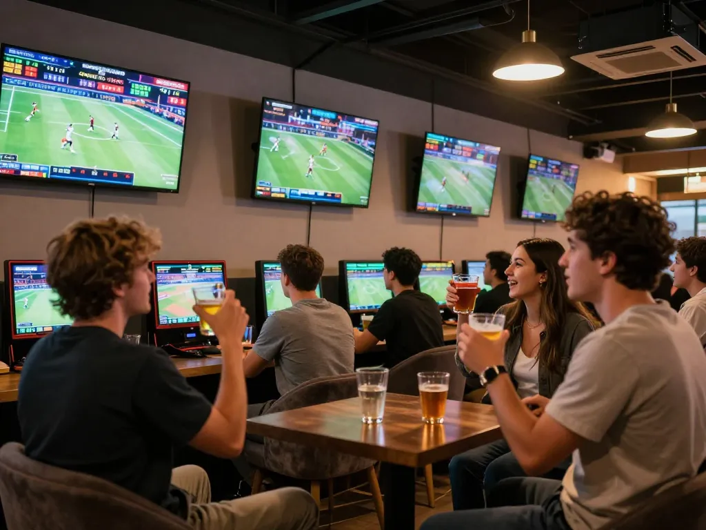 Exciting sports betting atmosphere at FABET lounge with players engaged in live betting