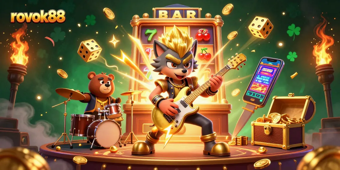 Experience thrilling gameplay at rokok88 with lively characters on a vibrant casino stage.