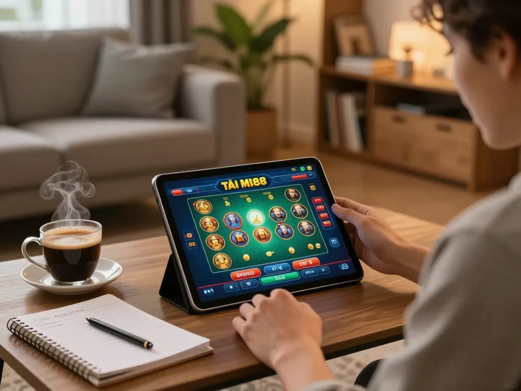 TẢI MI88 app in use on a tablet for online gambling with cozy home ambiance.