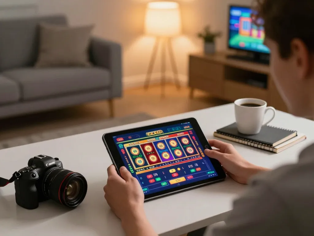 Person playing on O8's casino app in a cozy home setting, highlighting responsible online gaming.