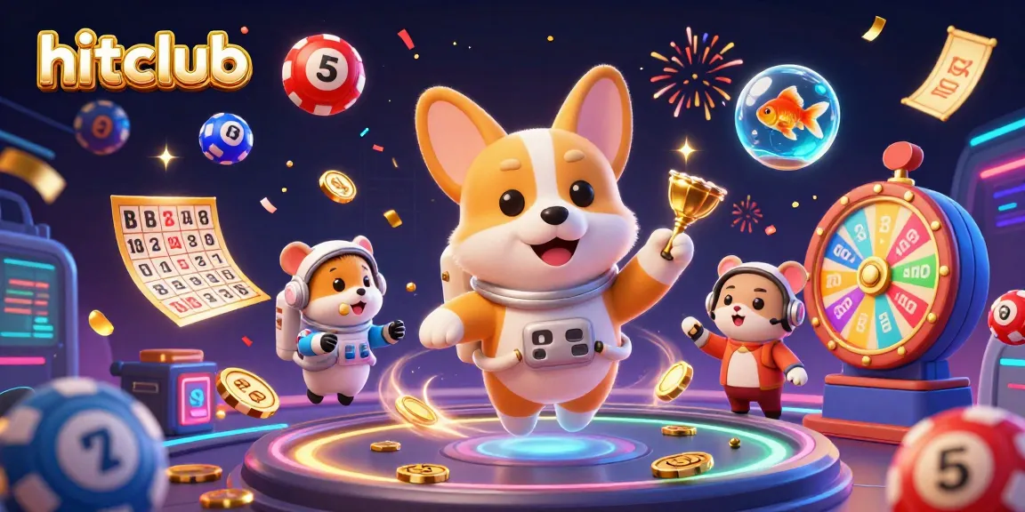 Join the hitclub adventure with a colorful floating casino scene featuring animated characters amidst vibrant gambling elements.