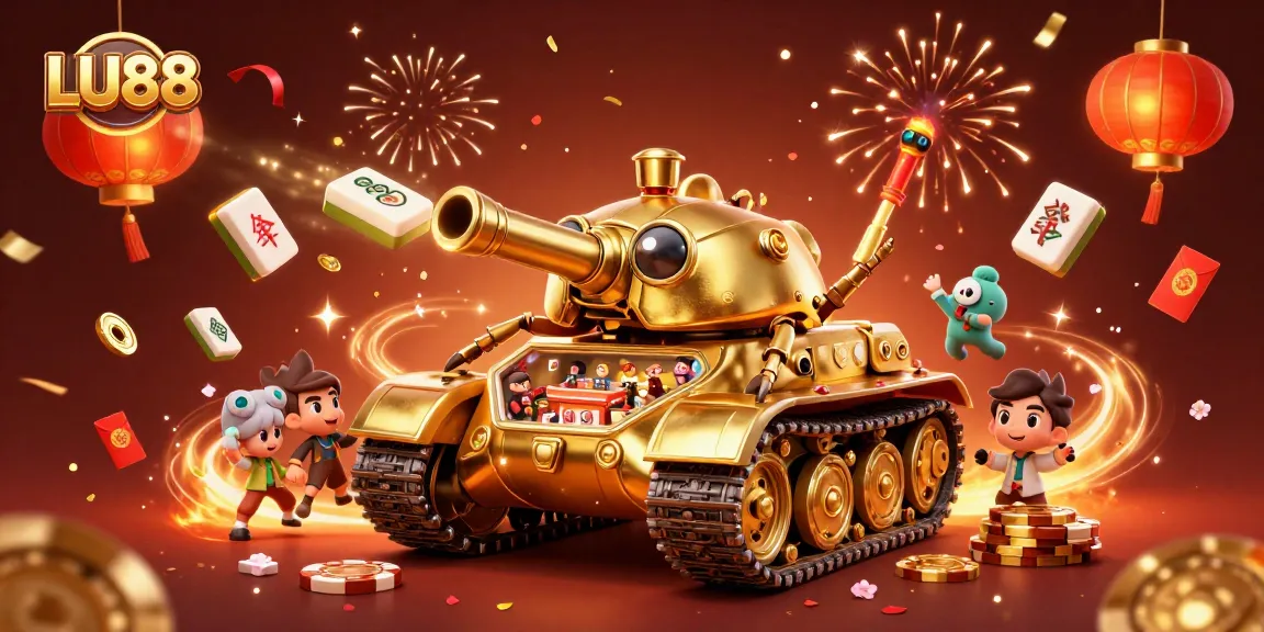 Celebrate with LU88 at this vibrant casino-themed illustration featuring a golden beetle tank.