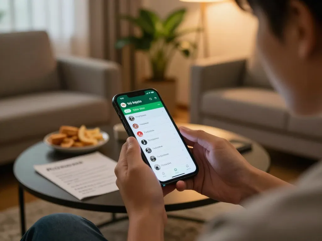 Engaged in online sports betting, checking tỷ lệ kèo nhà cái on smartphone in a cozy home environment.