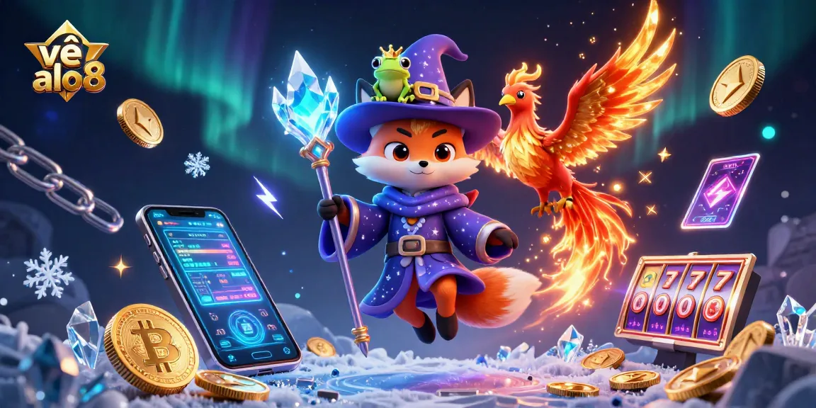 Engage with the enchanting world of về alo8, featuring a wizard fox, phoenix, and vibrant gaming elements.
