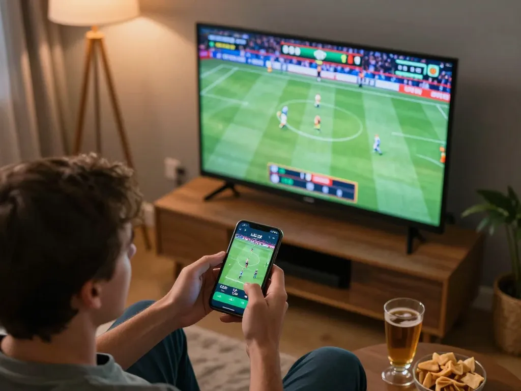 Engaging in sports betting on Sky88 app from the comfort of home with snacks