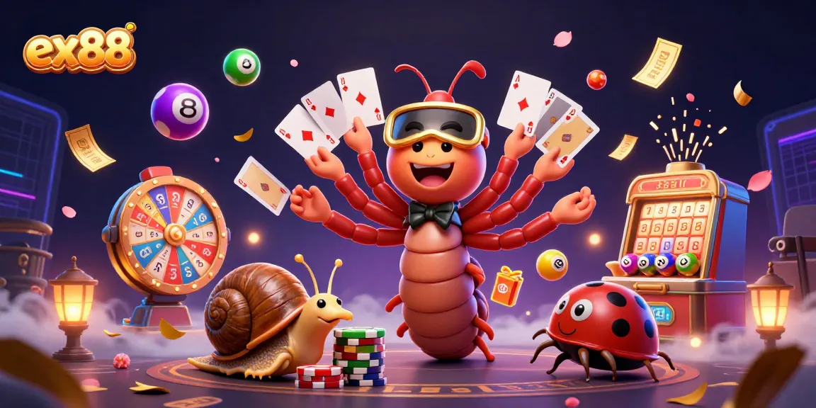 Experience the excitement of ex88 with a dynamic casino scene featuring colorful lottery elements, a charming dealer, and vibrant game interactions.
